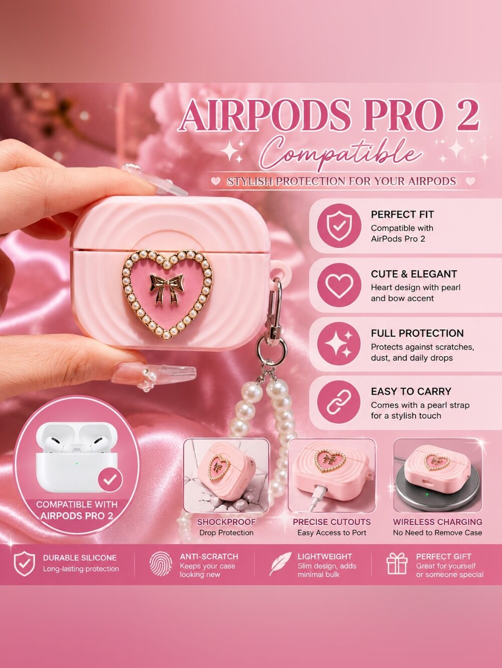 COMPATIBLE WITH AIRPODS PRO 2 Silicone Case with PEARL HEART CHARM - PINK